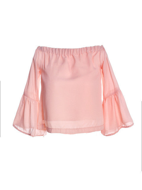 Off Shoulder Top Flare Sleeve Slash Neck Vintage Loose Blouse Sexy Shirt Women Pink Chiffon Casual Blouse Fashion 2016 Summer