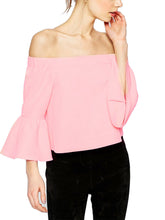 Off Shoulder Top Flare Sleeve Slash Neck Vintage Loose Blouse Sexy Shirt Women Pink Chiffon Casual Blouse Fashion 2016 Summer
