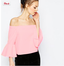 Off Shoulder Top Flare Sleeve Slash Neck Vintage Loose Blouse Sexy Shirt Women Pink Chiffon Casual Blouse Fashion 2016 Summer