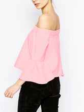 Off Shoulder Top Flare Sleeve Slash Neck Vintage Loose Blouse Sexy Shirt Women Pink Chiffon Casual Blouse Fashion 2016 Summer