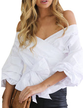 Off Shoulder V-Neck Ruched Cross Straps Blouse Solid Lantern Sleeve Bow Women New 2016 Fashion Autumn Fall Blouse Elegant Ladies