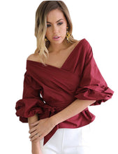 Off Shoulder V-Neck Ruched Cross Straps Blouse Solid Lantern Sleeve Bow Women New 2016 Fashion Autumn Fall Blouse Elegant Ladies