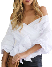 Off Shoulder V-Neck Ruched Cross Straps Blouse Solid Lantern Sleeve Bow Women New 2016 Fashion Autumn Fall Blouse Elegant Ladies