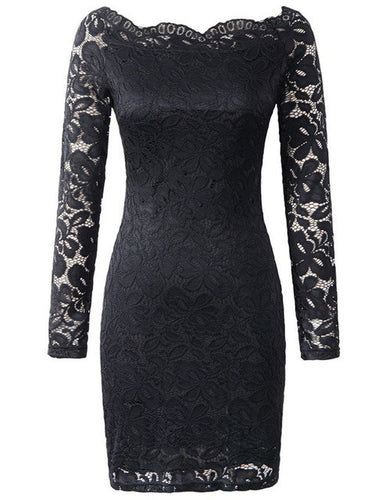 Off Shulder Hollow Out Lace Full Sleeve Dress Black Slim Party Mini Solid Skinny White Dress Women Autumn 2016 Sexy Lady Dress