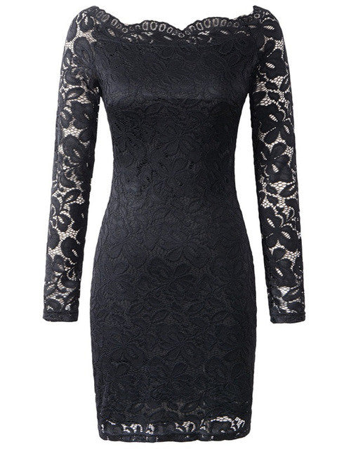 Off Shulder Hollow Out Lace Full Sleeve Dress Black Slim Party Mini Solid Skinny White Dress Women Autumn 2016 Sexy Lady Dress