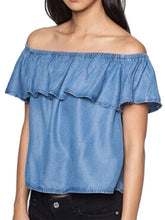 Off The Shoulder Blouse Ruffle Jean Denim Shirt Women Cropped Crop Tops Blue Casual Shirt Summer 2016 Fashion