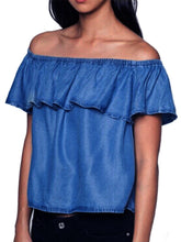 Off The Shoulder Blouse Ruffle Jean Denim Shirt Women Cropped Crop Tops Blue Casual Shirt Summer 2016 Fashion