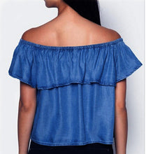 Off The Shoulder Blouse Ruffle Jean Denim Shirt Women Cropped Crop Tops Blue Casual Shirt Summer 2016 Fashion