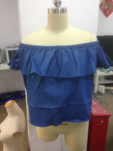 Off The Shoulder Blouse Ruffle Jean Denim Shirt Women Cropped Crop Tops Blue Casual Shirt Summer 2016 Fashion