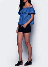 Off The Shoulder Blouse Ruffle Jean Denim Shirt Women Cropped Crop Tops Blue Casual Shirt Summer 2016 Fashion