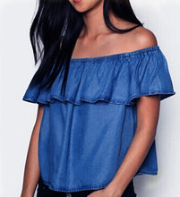 Off The Shoulder Blouse Ruffle Jean Denim Shirt Women Cropped Crop Tops Blue Casual Shirt Summer 2016 Fashion