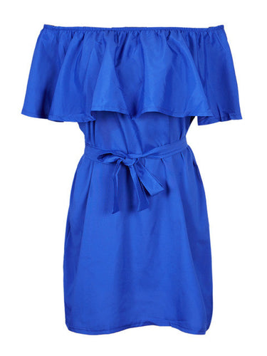 Off The Shoulder Ruffle Dress With Belt Front Bow Knot Summer Casual Dress Mini Short Loose Tube Dress Women 2016 Girl Summer