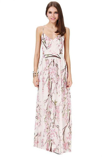 Open Back High Waist Sun Dress Spaghetti Strap V Neck Pink Floral Print Flower Branch Pattern Maxi Night Beach Dress Backless