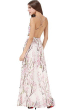 Open Back High Waist Sun Dress Spaghetti Strap V Neck Pink Floral Print Flower Branch Pattern Maxi Night Beach Dress Backless