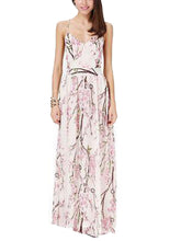 Open Back High Waist Sun Dress Spaghetti Strap V Neck Pink Floral Print Flower Branch Pattern Maxi Night Beach Dress Backless