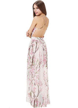 Open Back High Waist Sun Dress Spaghetti Strap V Neck Pink Floral Print Flower Branch Pattern Maxi Night Beach Dress Backless