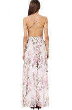 Open Back High Waist Sun Dress Spaghetti Strap V Neck Pink Floral Print Flower Branch Pattern Maxi Night Beach Dress Backless