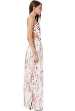 Open Back High Waist Sun Dress Spaghetti Strap V Neck Pink Floral Print Flower Branch Pattern Maxi Night Beach Dress Backless
