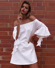Open Back Off Shoulder Flare Bell Sleeve A Line Mini Short Dress Summer Casual Sexy Girl Black White Sundress New Woman 2016