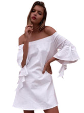 Open Back Off Shoulder Flare Bell Sleeve A Line Mini Short Dress Summer Casual Sexy Girl Black White Sundress New Woman 2016