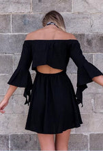 Open Back Off Shoulder Flare Bell Sleeve A Line Mini Short Dress Summer Casual Sexy Girl Black White Sundress New Woman 2016