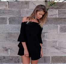 Open Back Off Shoulder Flare Bell Sleeve A Line Mini Short Dress Summer Casual Sexy Girl Black White Sundress New Woman 2016