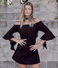 Open Back Off Shoulder Flare Bell Sleeve A Line Mini Short Dress Summer Casual Sexy Girl Black White Sundress New Woman 2016