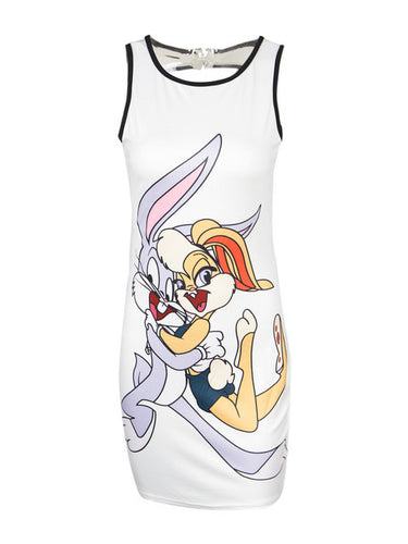 Open Back Zipper Bunny Cartoon Print Sleeveless White Girl Dress Summer Casual Print Mini Short New Arrival Sundresses 2016