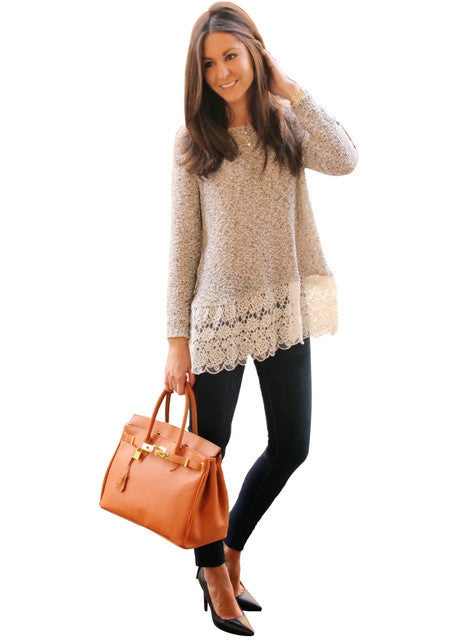 Patchwork Floral Lace Loose Women Top Casual Long Sleeve 2016 Autumn Grey Womens Tops And Blouses For 2016 Tops Quality