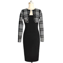 Patchwork Skinny Full Sleeve O-Neck Mid-Calf Button Women 2016 Autumn Work Dress Slim Two Fashion Black Dress Office