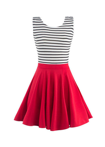 Patchwork Striped V Back A Line Dress Women Casual 2016 Summer Girl Sundress One Piece Wrap Back Hollow Pleated Dress
