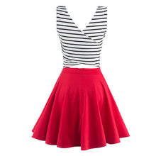 Patchwork Striped V Back A Line Dress Women Casual 2016 Summer Girl Sundress One Piece Wrap Back Hollow Pleated Dress
