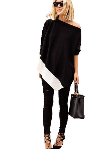 Patchwork Tops One Shoulder Loose Blouse Long Top Women Fashion Autumn Oversized Blouse Tops High Quality Fashion 2016 New