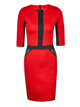 Patchwork Zipper Knee Length Dress Red Blue O-Neck Half Sleeve Sheath Office Bodycon Dress Summer Fashion 2016 Fall Autumn Dress