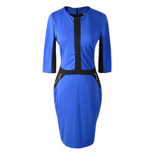 Patchwork Zipper Knee Length Dress Red Blue O-Neck Half Sleeve Sheath Office Bodycon Dress Summer Fashion 2016 Fall Autumn Dress