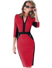 Patchwork Zipper Knee Length Dress Red Blue O-Neck Half Sleeve Sheath Office Bodycon Dress Summer Fashion 2016 Fall Autumn Dress