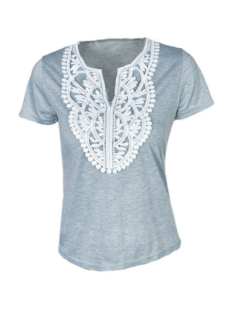 Pattern V Neck Embroidered Slim Short Sleeve Tee T Shirt Elegant Casual Shirt 2016 Fashion Women Top Fashion New Arrival