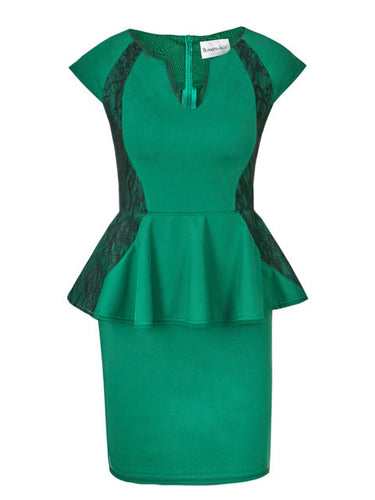 Peplum Cap Sleeve High Waist Patchwork Lace Bodycon Plus Size Dress Pencil Office Work Dress Green Business Casual Summer 2016