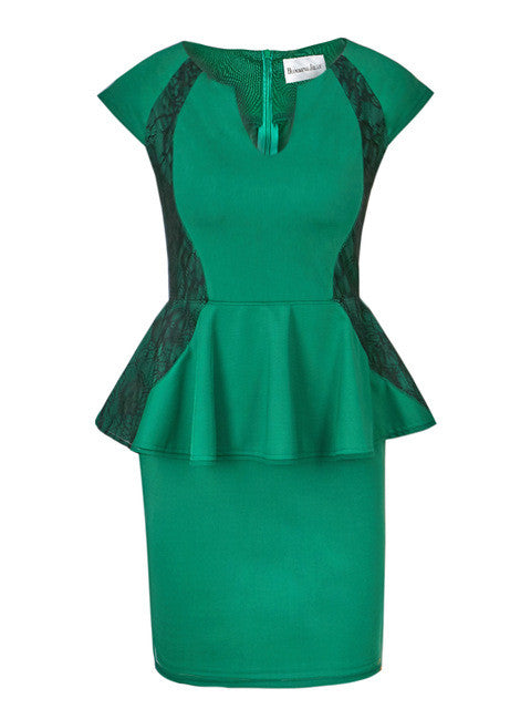 Peplum Cap Sleeve High Waist Patchwork Lace Bodycon Plus Size Dress Pencil Office Work Dress Green Business Casual Summer 2016