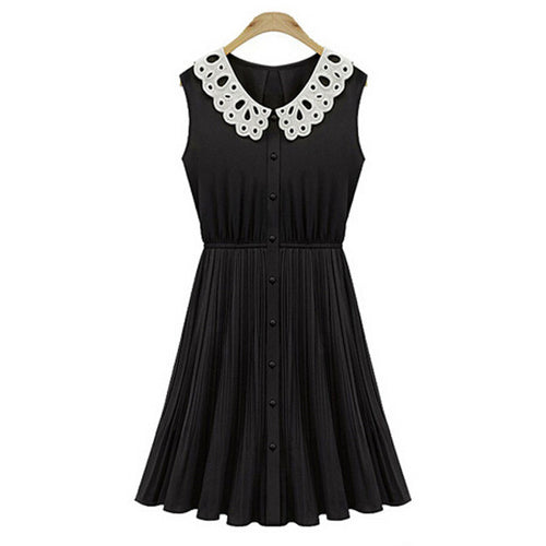 Peter pan Collar Pleated Chiffon cute sweets kawaii high waist Black Dress With White Collar button hollow out Vintage