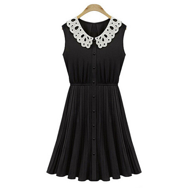 Peter pan Collar Pleated Chiffon cute sweets kawaii high waist Black Dress With White Collar button hollow out Vintage