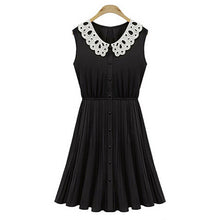 Peter pan Collar Pleated Chiffon cute sweets kawaii high waist Black Dress With White Collar button hollow out Vintage