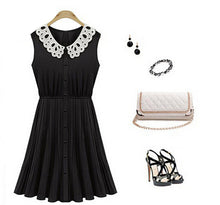 Peter pan Collar Pleated Chiffon cute sweets kawaii high waist Black Dress With White Collar button hollow out Vintage