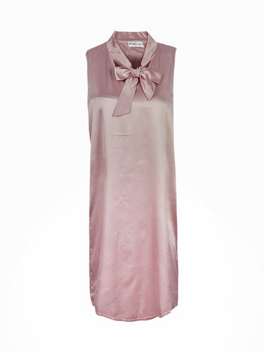 Pink Neon Rose Pussybow Dress Keyhole Elegant Pink Shift Dress With Bow Silk Front Sleeveless Summer Straight Casual Dress