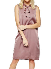Pink Neon Rose Pussybow Dress Keyhole Elegant Pink Shift Dress With Bow Silk Front Sleeveless Summer Straight Casual Dress