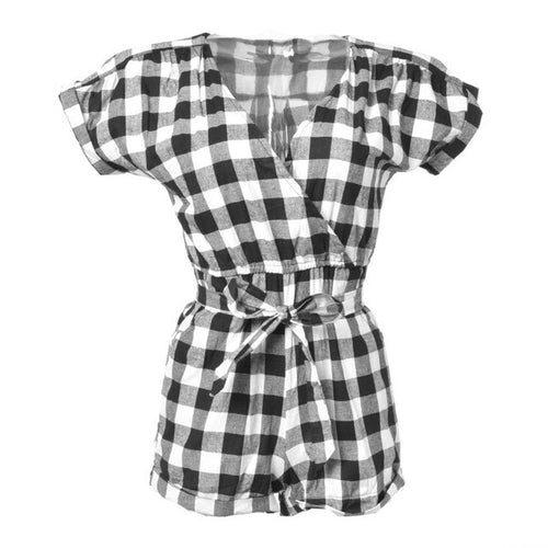 Plaid Summer Style Women Jumpsuit Black White Bodysuit Women Femme Romper Rompers Womens Jumpsuit Bow Overalls