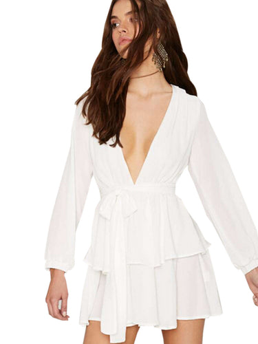 Plunge Deep V Neck Dress With Belt Bow Knot Ruffle Long Sleeve Short Boho Sexy Casual Pleated Dress Skater Dress Sheer Chiffon