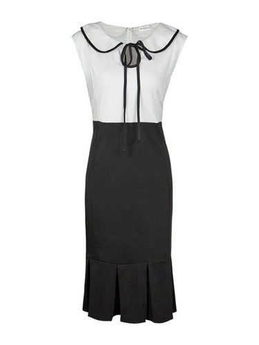 Plus Size Cocktail Xxl 3Xl Mermaid Bodycon Office Casual Work Black And White Patchwork Wiggle Dress Peter Pan Collar High Waist