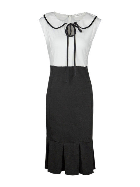 Plus Size Cocktail Xxl 3Xl Mermaid Bodycon Office Casual Work Black And White Patchwork Wiggle Dress Peter Pan Collar High Waist