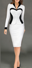 Plus Size Women One Piece Outfits Long Sleeve V Neck Knee Length Business Dress White Striped Elegant Office Formal Work Suit